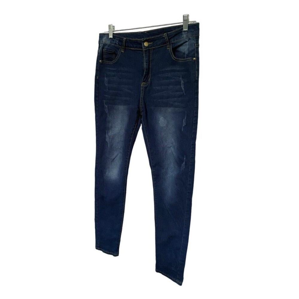 Shein Jeans Adult Women's Large Blue Denim Boyfriend Distressed Mid Rise‎ Casual